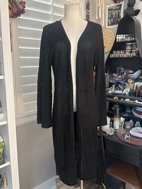 Knee Length Long Sleeve Witchy Open Knit Black Cardigan